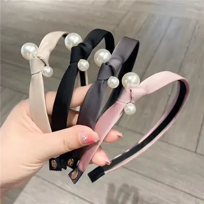 Women Korean Style Pearl Headband with Side Knot Brooch