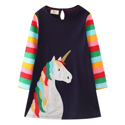 Girls Unicorn Embroidered Long Sleeve Dress Dark Blue