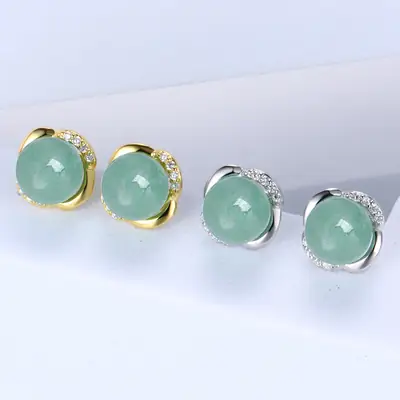 Korean Style Green Aventurine Earrings with Diamond Set
