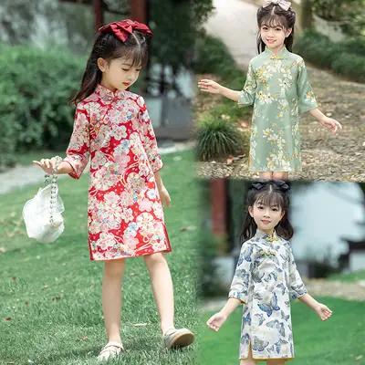 Girls' 2025 Mid-Sleeve Cheongsam Dress Red Artistic Chinese Style