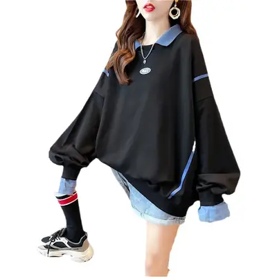 Women Polo Collar Sweater Medium Long Blue Sleeve