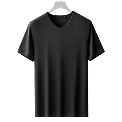 Men V-neck Grey Cotton T-shirt 2025 Summer