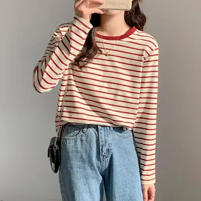 Women Striped Long Sleeve T-Shirt Red Cotton Spring Autumn 2026