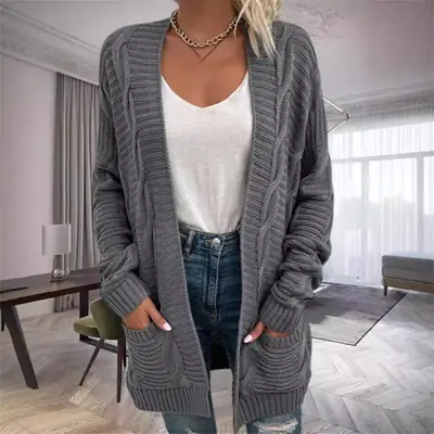 Women's Grey Knit Cardigan 2026 Winter Coat