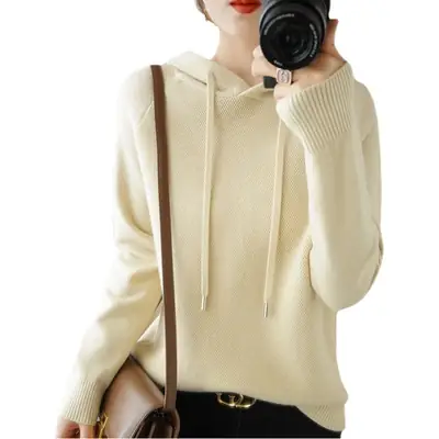 Women Hooded Pullover Sweater Grey Long Sleeve Warm Casual
