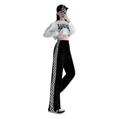 Sports Pants for Women in Spring and Autum Thin High-Waisted Loose Straight Sweatpants Casual Small Wide-Leg Checkerboard Plaid Pants