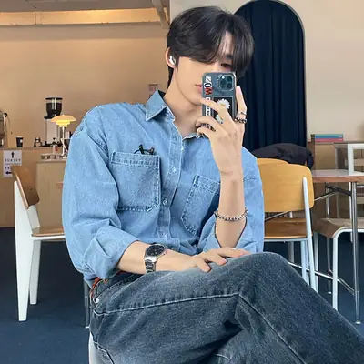 2023 Korean Denim Shirt Men Long Sleeve Loose