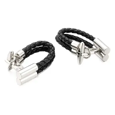 Men's Black Leather Braided Cufflinks Set 24g