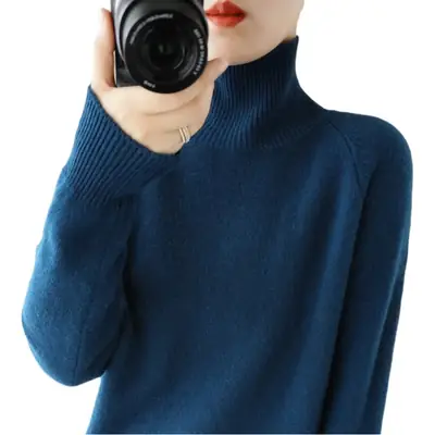 2022 Blue High-Neck Long Sleeve Pullover Knitwear
