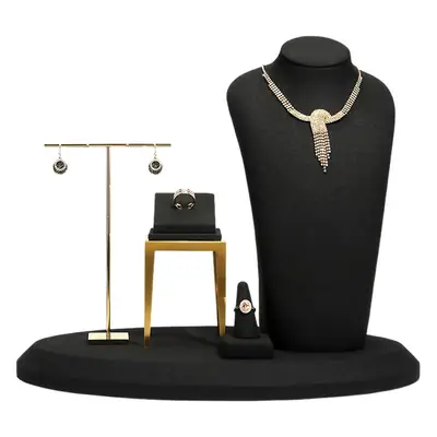 Black Microfiber Jewelry Display Stand with Neckpiece & Earrings