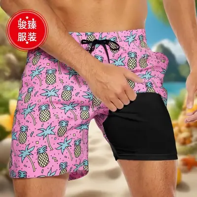 Men's Printed Anti-Embarrassment Shorts Black Blue Gradient