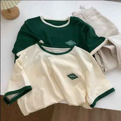 Women Crossbody T-Shirt Green Cream Contrast 2022