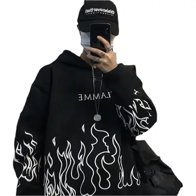 Black Flame Hoodie with Red Graphic Fleece Lined