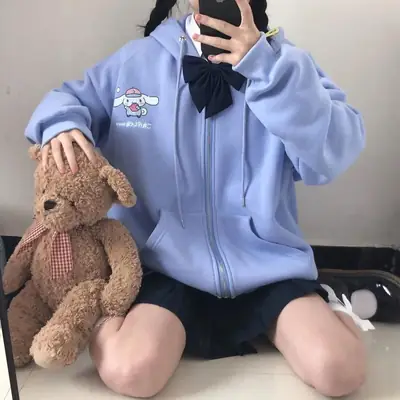 Light Blue Fleece Hoodie with Cartoon Print