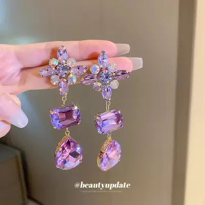 Purple Diamond Flower Drop Earrings for Women