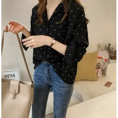 Women's Red Polka Dot Long Sleeve Blouse Shirt