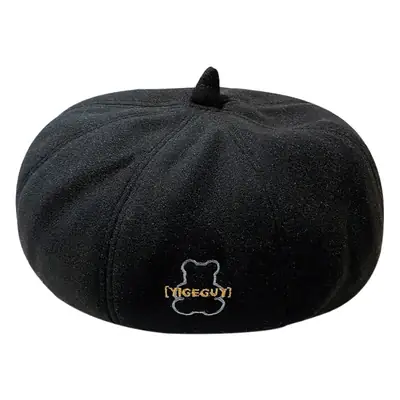 Black Woolen Embroidered Hat for Women