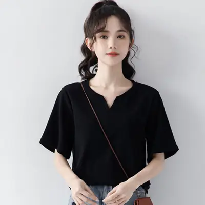 Women Cotton V Neck T-Shirt White 2022 Summer