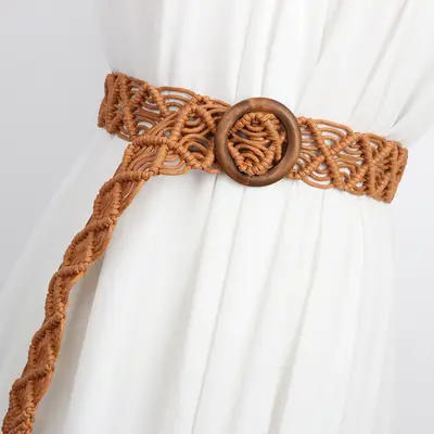 Vintage Woven Belt for Women's Dress with Wooden Ring