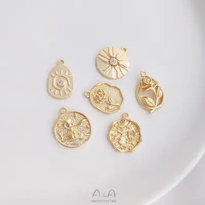 14K Gold Rose Cherry Blossom Sun Prince Round Pendant