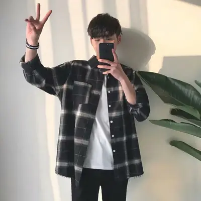 Men Plaid Long Sleeve Shirt Spring Autumn Loose Casual