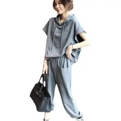 Women Hooded Sweatshirt Set Grey 2025 Summer Loose Fit