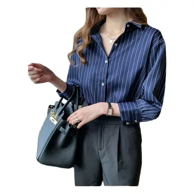 Spring Women White Striped Shirt Layered Lining Retro Hong Kong Style