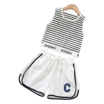 Girls Striped Vest & Shorts Set Summer Casual White Black