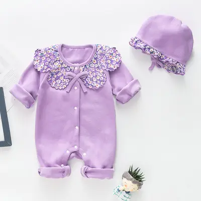 Purple Floral Baby Onesie with Hat Set