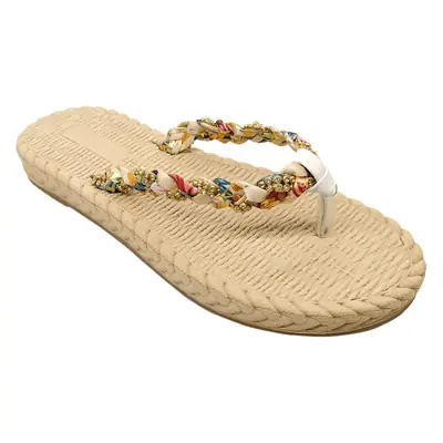 Ethnic-style Flip-flops with Diamond for Women's Outdoor Wear Summer Imitation Straw Fashionable Trendy Outdoor Vacation Seaside Flat Non-slip Slippers