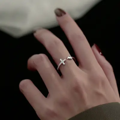 Cross Love Sterling Silver Ring Women's Niche Light Luxury Small Broken Diamond Opening Index Finger Ring Fashion Personality