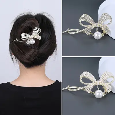 Rhinestone Bow Pearl Hair Clip for Women
