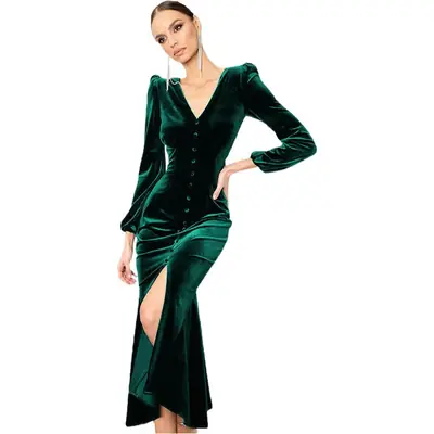 Black Knitted Long Sleeve V Neck Dress with Slit Hem