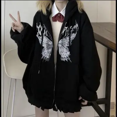 Women Fleece Hooded Zipper Jacket Brown Butterfly Print