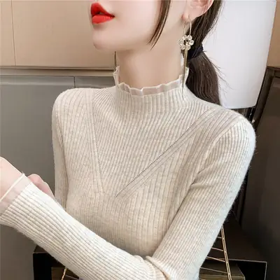 Women Knitted Mock Neck Shirt Grey Long Sleeve Autumn 2022