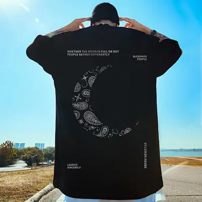 Black Oversized Men's T-Shirt with Moon Design