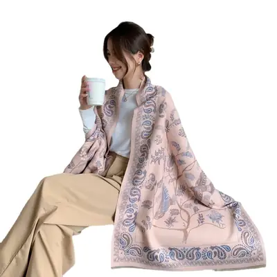 Women's Pink Bird Pattern Shawl with Embroidered Border