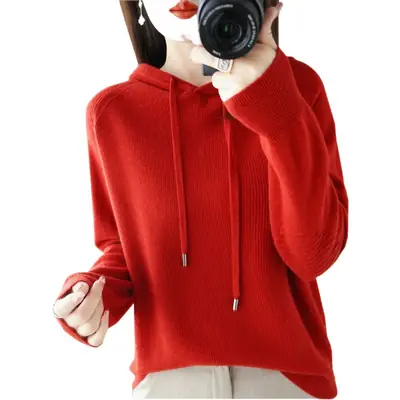 Women Wool Blended Hooded Sweatshirt Orange Loose Fit