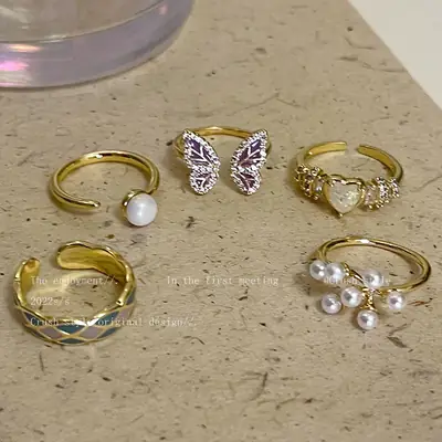 Butterfly Pearl Drop Glaze Open Ring Gold Tone