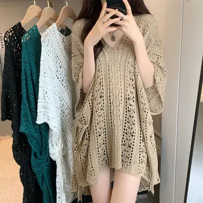 White Lace V-Neck Knit Blouse Women