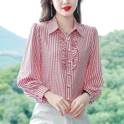 Women Silk Striped Long Sleeve Mom's Blouse Autumn 2025