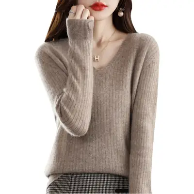 New Knit V-Neck Pullover Sweater Women Long Sleeve