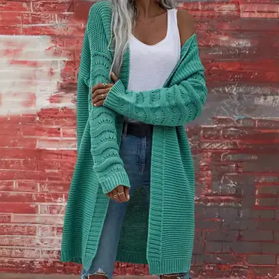 2024 Long Knitted Cardigan Red Solid Color