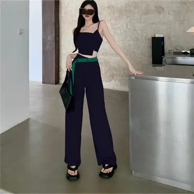 Women Camisole & Wide Leg Pants Set Black Green