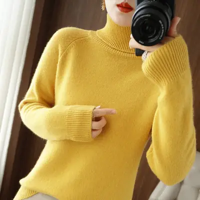 Women's 2024 Yellow Turtleneck Pullover Sweater