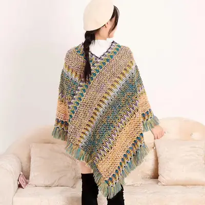 Ethnic Knitted Frock for Women Autumn Winter Fringed Shawl