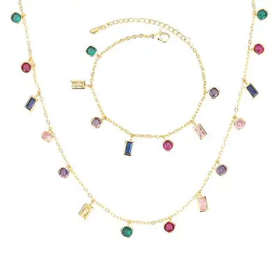 Gold Chain Necklace with Colorful Glass Stones for Women