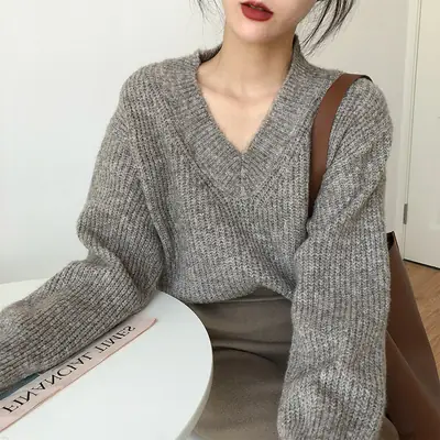Lazy Style Knit Pullover V Neck 2025 Spring