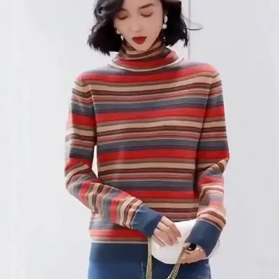 Retro Striped Knit Turtleneck for Women