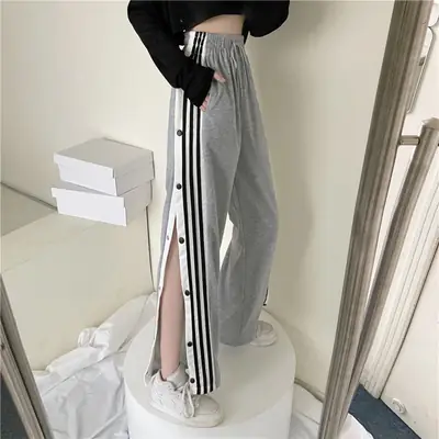 Women's Black Wide-leg Pants with Button Design